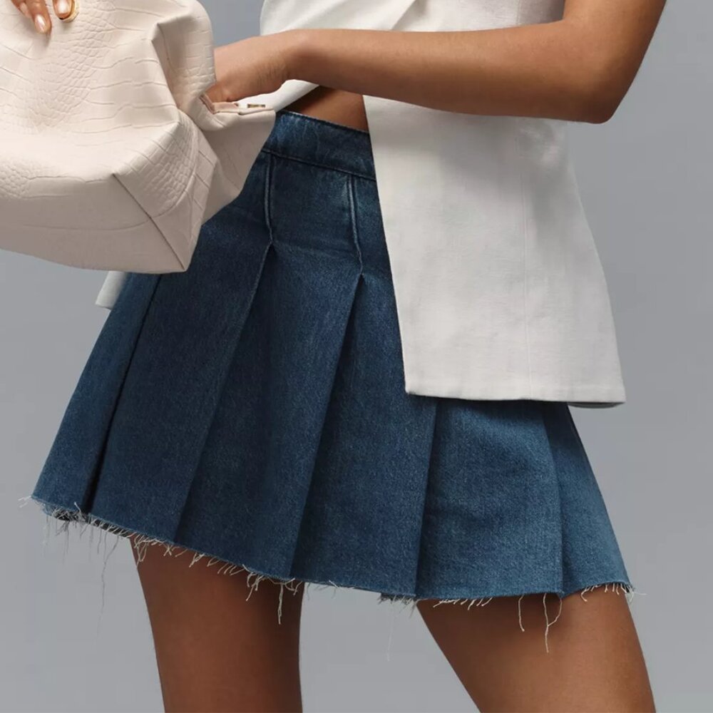 Anthropologie Pilcro 100% Cotton Slant-Pleated Denim Mini Skort Medium Blue 25